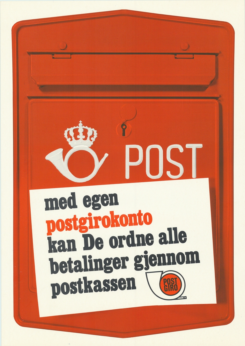 Tosidig plakat med likt motiv av postkasse og tekst. På den ene siden er teksten skrevet på bokmål, nynorsk på andre siden.