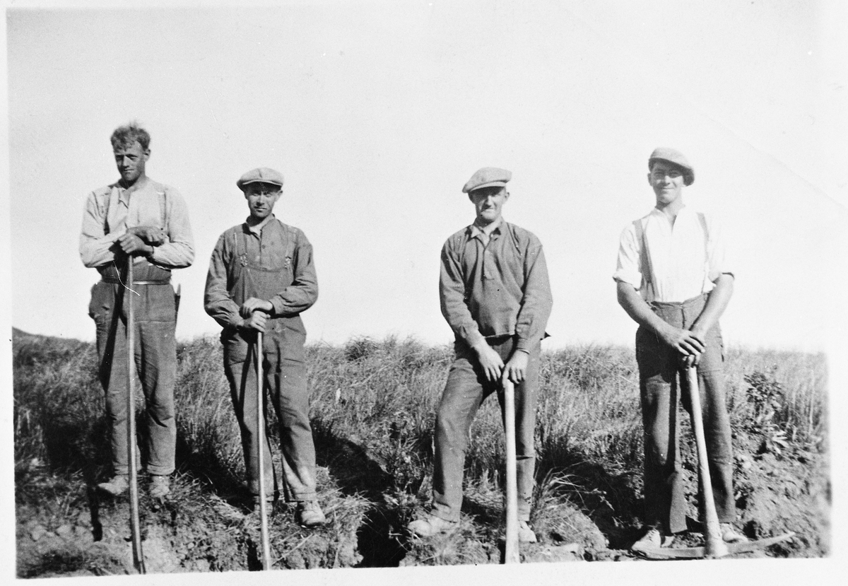 Nybrottsarbeid på Granerud gård, Brumunddal, 1934. Person nr. 1 og 2 fra venstre er ukjente. Nr. 3 (med hakke) er Bjarne Fodstad, mens nr. 4 er ukjent.