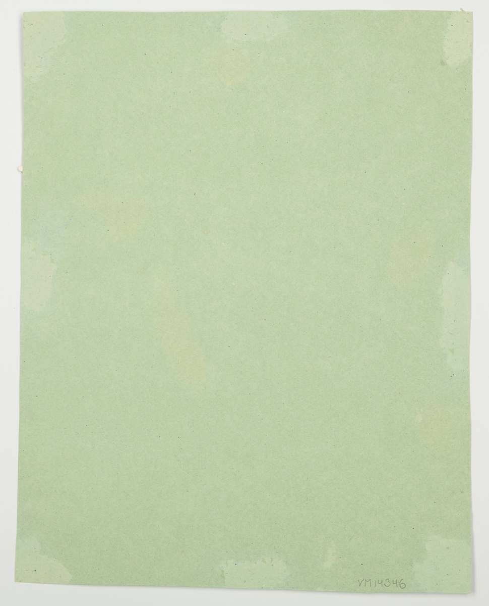 Montering/ram: Urklippt och uppklistrat på grönt papper.
Följande står antecknat i Värmlands Museums accessionsliggare: "Kvinna svävande i luften bärande en bricka med supglas. Urklippt och uppklistrat på grönt papper.".