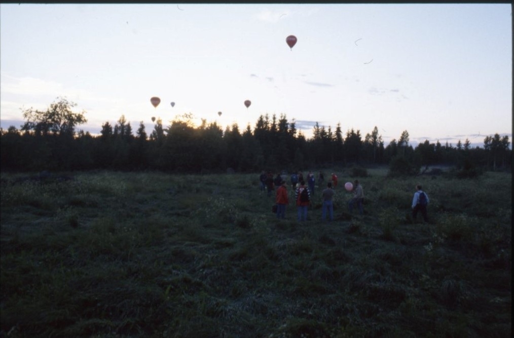 Flera personer på ett fält stående och tittar upp mot himlen där flera luftballonger syns.