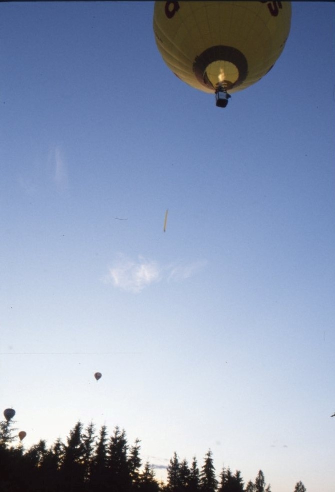 Vy mot himlen där en gul luftballong syns.