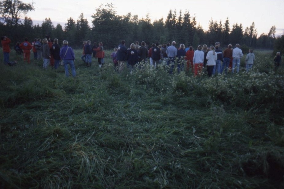 En folkmassa står på ett gräsfält och tittar upp mot himlen.