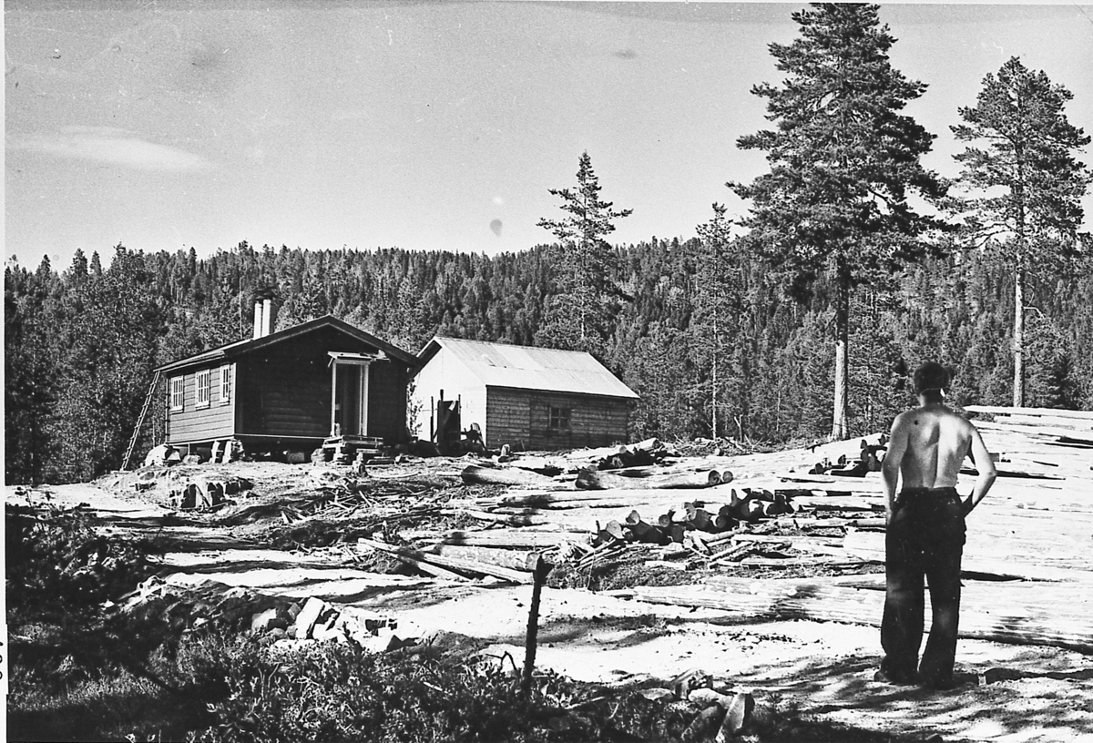 Skogshusvære i Eikjedalen, ca. 1957, da skogsbilveien var ganske ny. Tømmerlunne med barka tømmer.