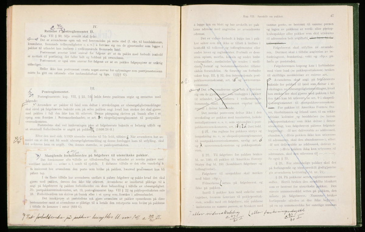 postmuseet, bøker, postreglement II 1927, Kap. VII. Særskilt om pakker, s.46-47