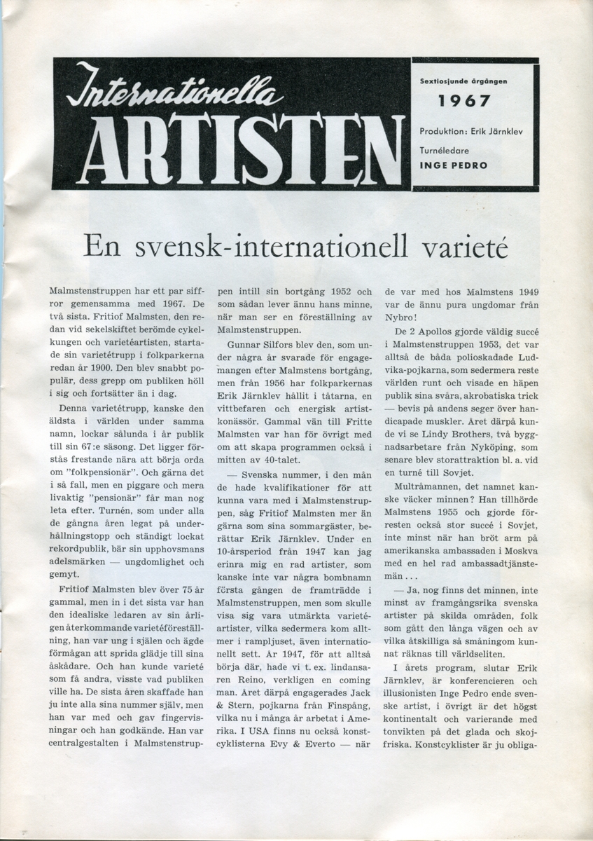 Program för Internationella Artisten - Malmstenstruppens 67:e säsong i Folkparkerna (1967). Innehåller information om föreställningen och reklam.