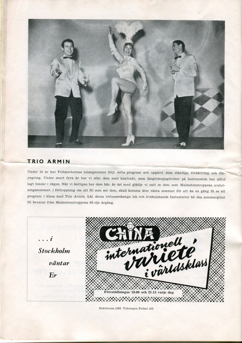 Program för Internationella Artisten - Malmstenstruppens 63:e säsong i Folkparkerna (1963). Innehåller information om föreställningen och reklam.