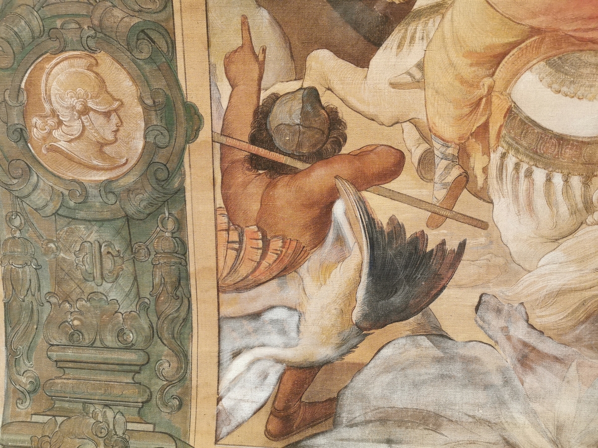 Klassisk motiv med Diana på jakt. Store border rundt med klassiske motiver: søyler, putti, våpen, rustninger m.m.
