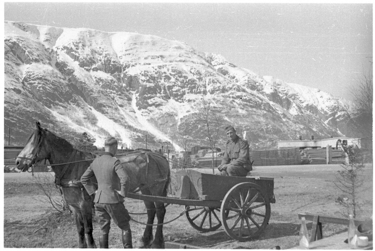 Tyske soldater med hest og vogn på kaia i Mosjøen.