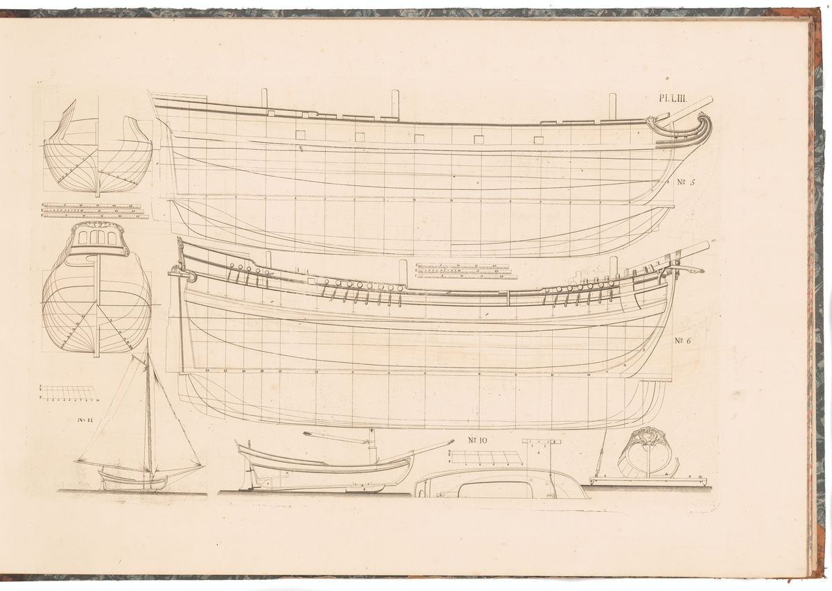 Det franska lastfartyget LE CHAMEAU (1718, ritning nr 5), holländskt flöjtskepp (6) samt en isjakt (10) och riggen på den sistnämnda (11). Profil-, linje- och spantritningar.
