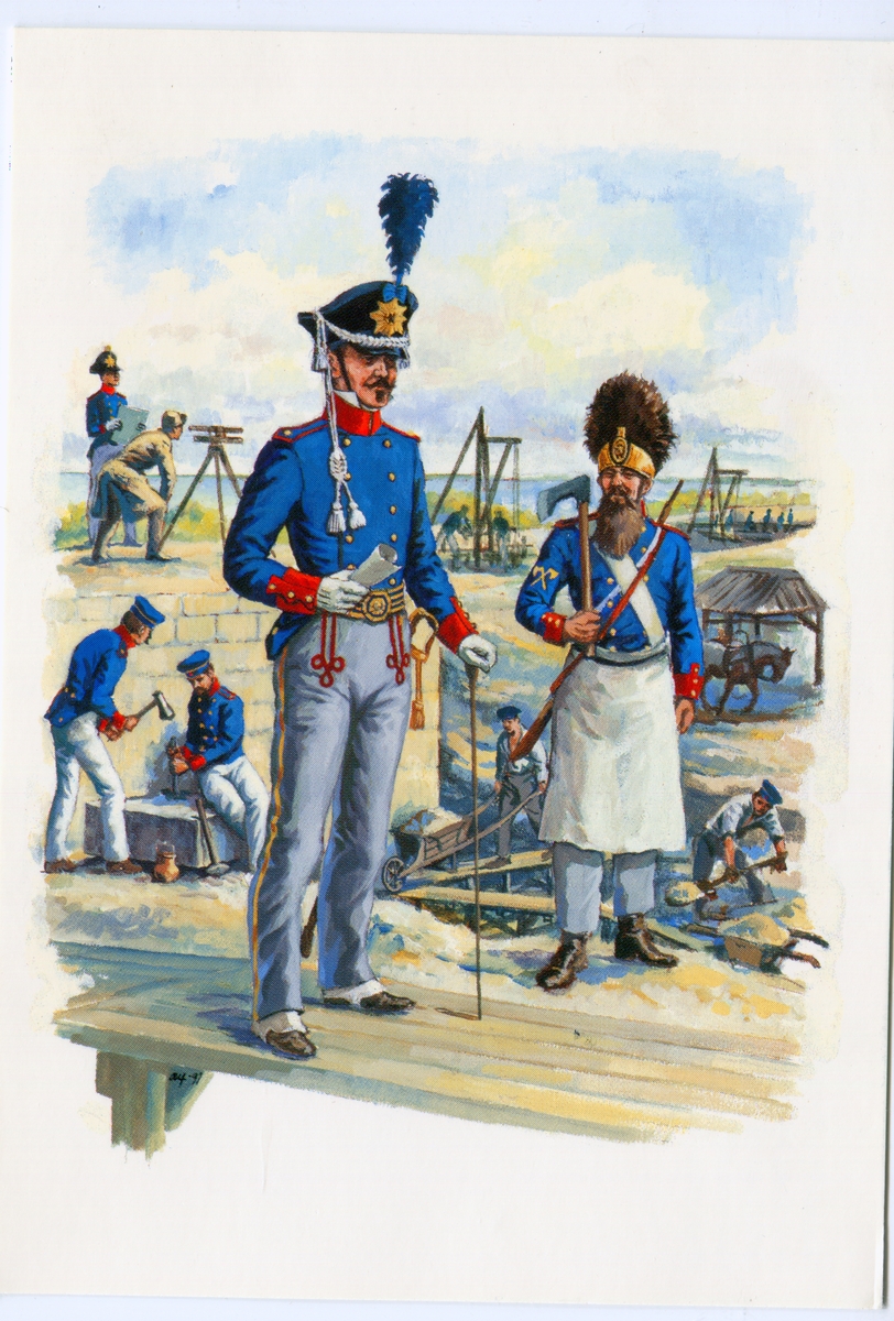 Vykort föreställande: Skaraborgs Regemente. Göta Kanalbygget 1810-1832.
Officer och timmerman i uniform m/1815.