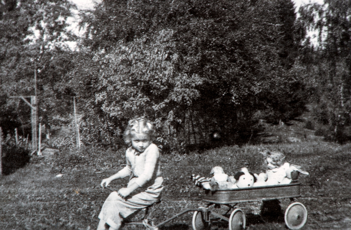 Barn, lek, trehjulsykkel med vogn. Anne marie Paulsen leker med dukkene sine ute i hagen på Dalby, Ottestad i 1950.