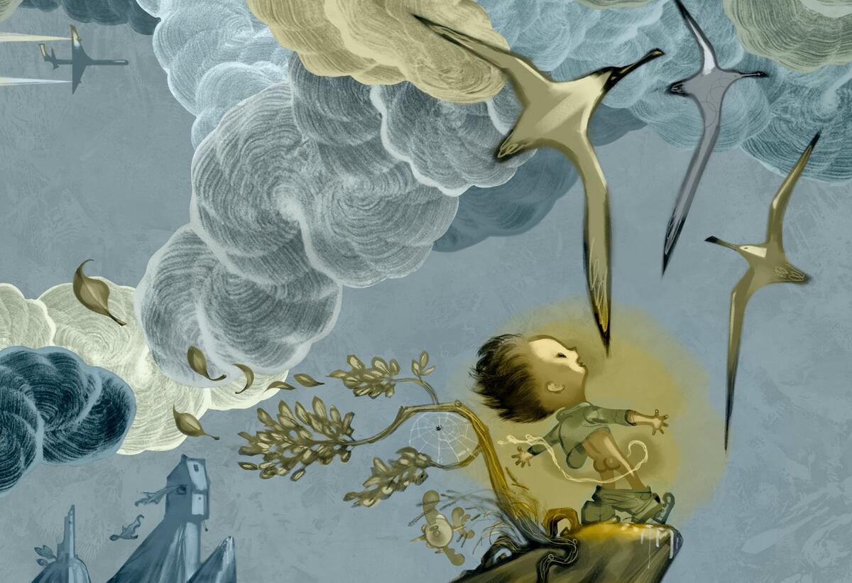 Illustrasjon av Svein Nyhus til boken "Steder å tisse": En gutt står og tisser i friluft, høyt på en klippe med måkene flyvende over seg. (Foto/Photo)