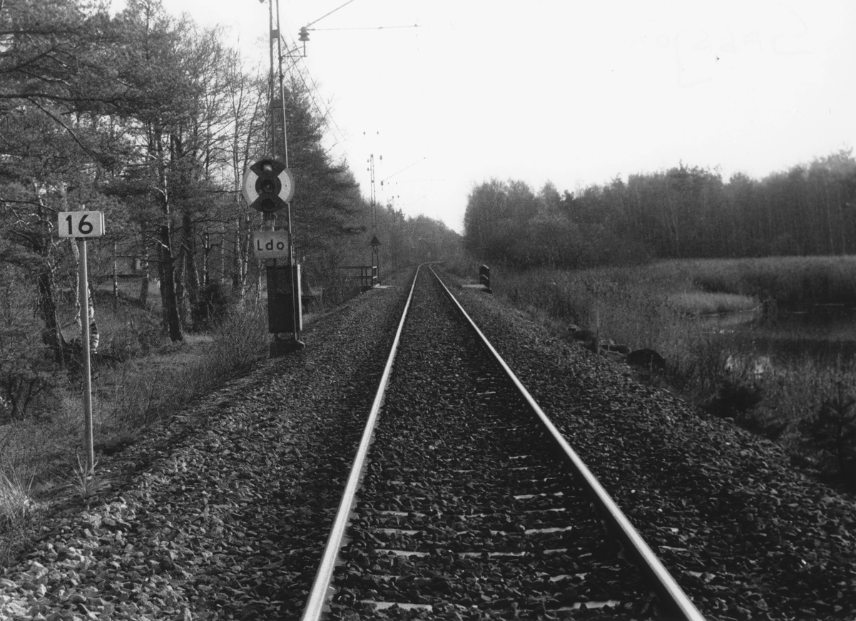 Järnvägsspår som går utmed Sagsjön (skymtas till höger) år 1989.