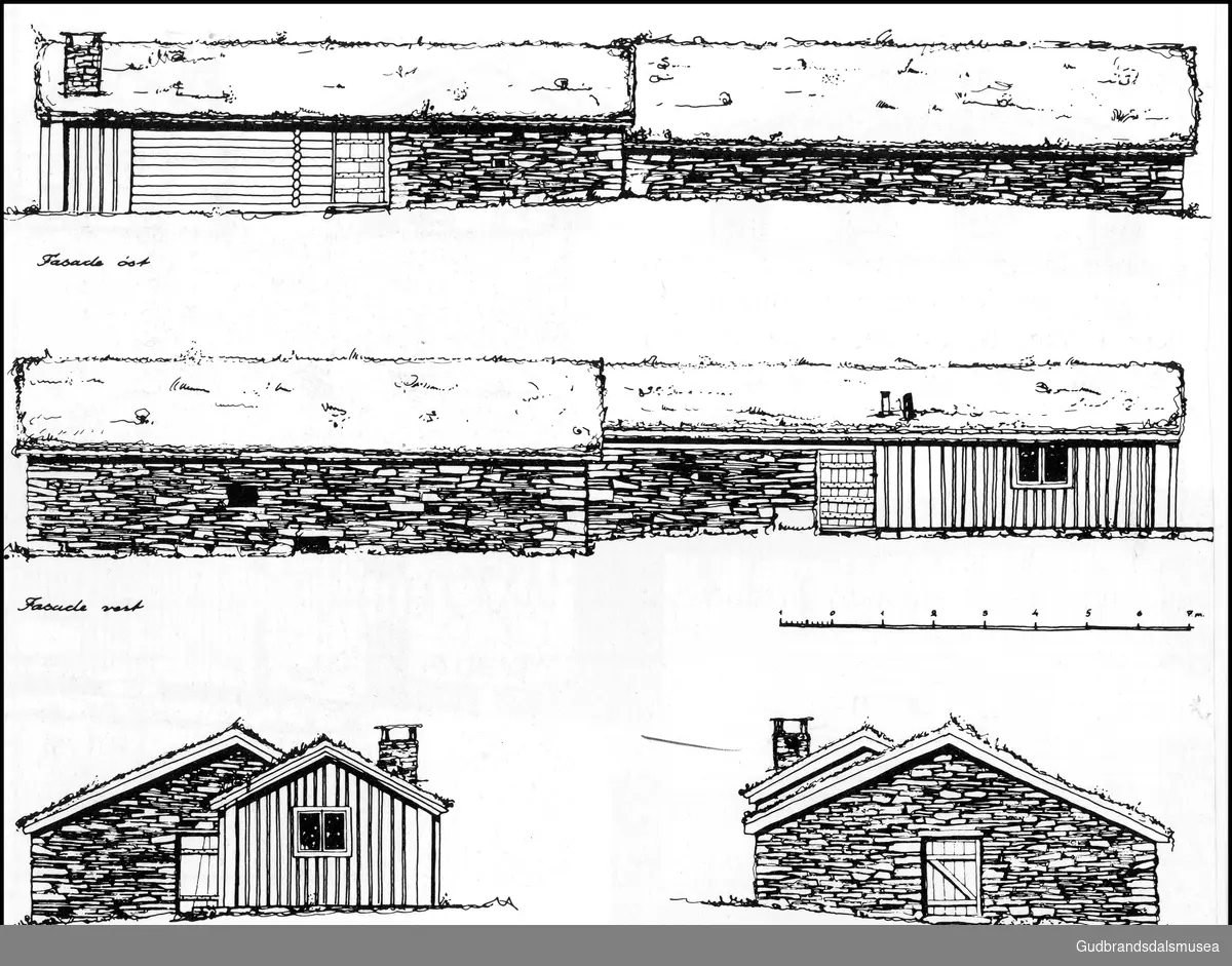 Fasadetegninger av Lundesetra i Ringebu utført av førstekonservator Leif Løchen.