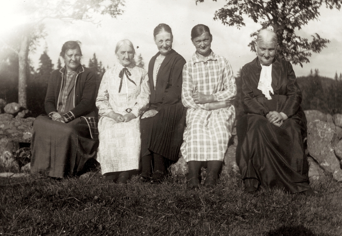 Fem kvinnor sitter på en stengärdesgård vid Livered "Majas" 1:15 (idag: Streteredsvägen 36), okänt årtal. Från vänster: 1. Okänd 2. Okänd 3. Okänd 4. troligtvis Davida Karlsson (1888 - 1931) 5. Emma (Elmina) Andersson (1866 - 1959, född Andersdotter men kallade sig Andersson).