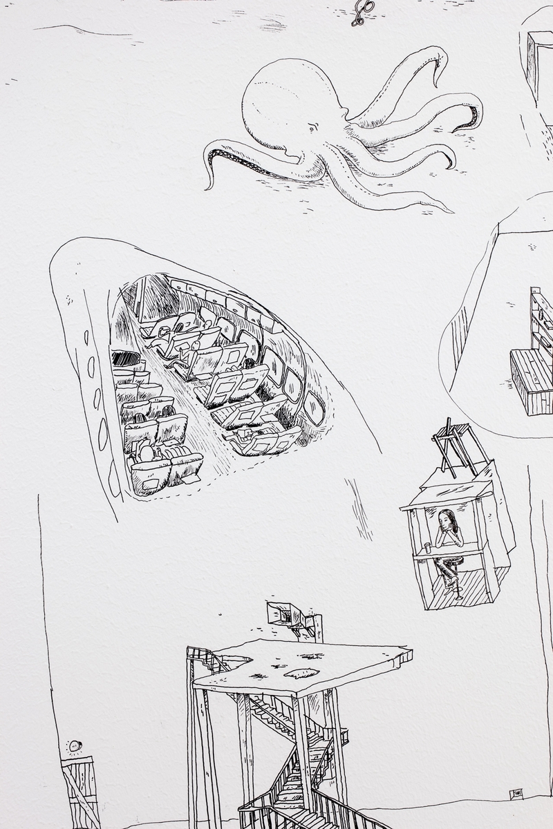 Tegningene "Forsiktig, forsiktig" og "Tømmer" befinner seg i psykologifløyen og ble tegnet uten noen skisser eller fortegning. Kunstneren var i Tromsø i to perioder på til sammen 15 dager. Motivene ble til etterhvert som han tegnet.