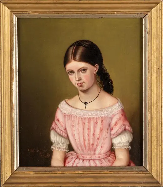 Portrett av Sophie Thaulow, en ung jente i rosa kjole.. Foto/Photo