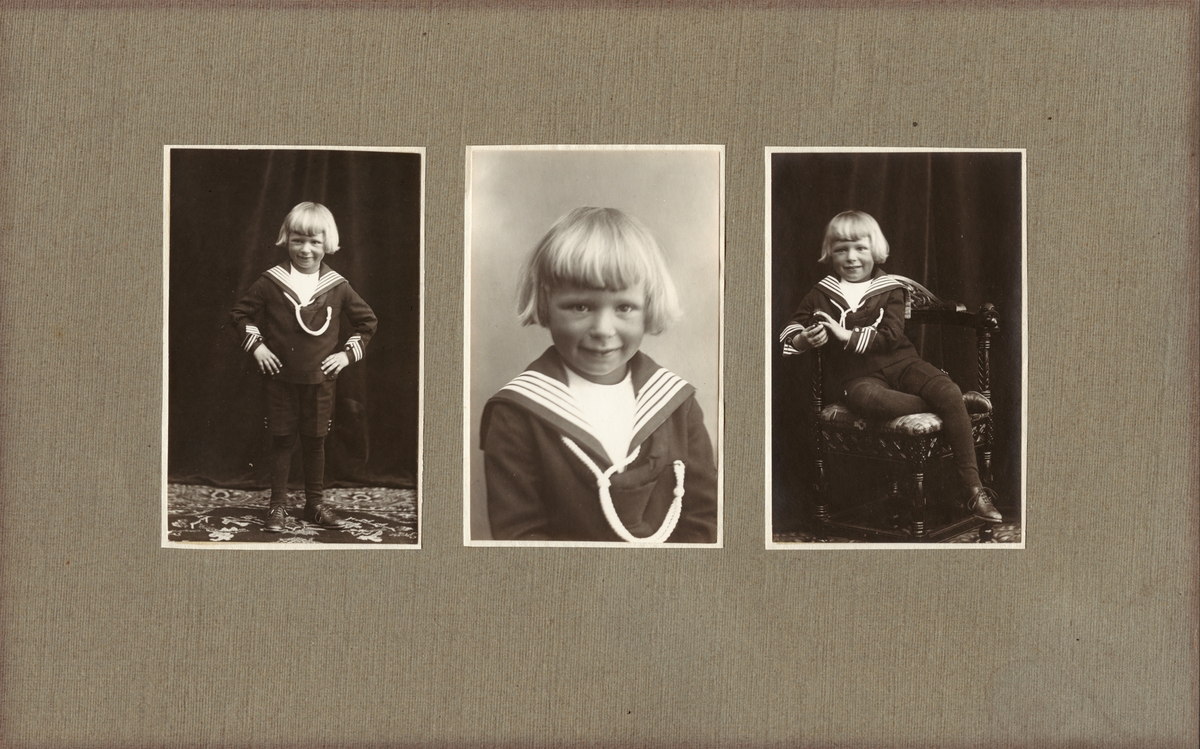 Tre bilder av Hans Benedict Undset Svarstad i matrosdress.