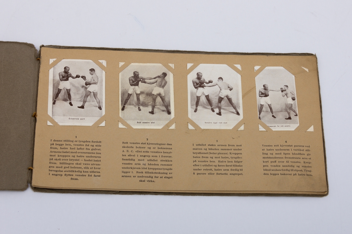 Tidemennes album hvor sigarettkort med foto av boksere som viser ulike boksestillinger med beskrivelse av kroppsposisjon og det tilhørende bevegelsesmønsteret. Tilsammen presenteres 30 ulike stillinger. Kortene har også reklame for Tiedemanns tobakk.