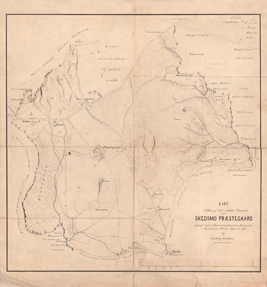 Kart av typen diazotypi over Huseby gårds eiendom fra 1869. Nasjonalbiblioteket.