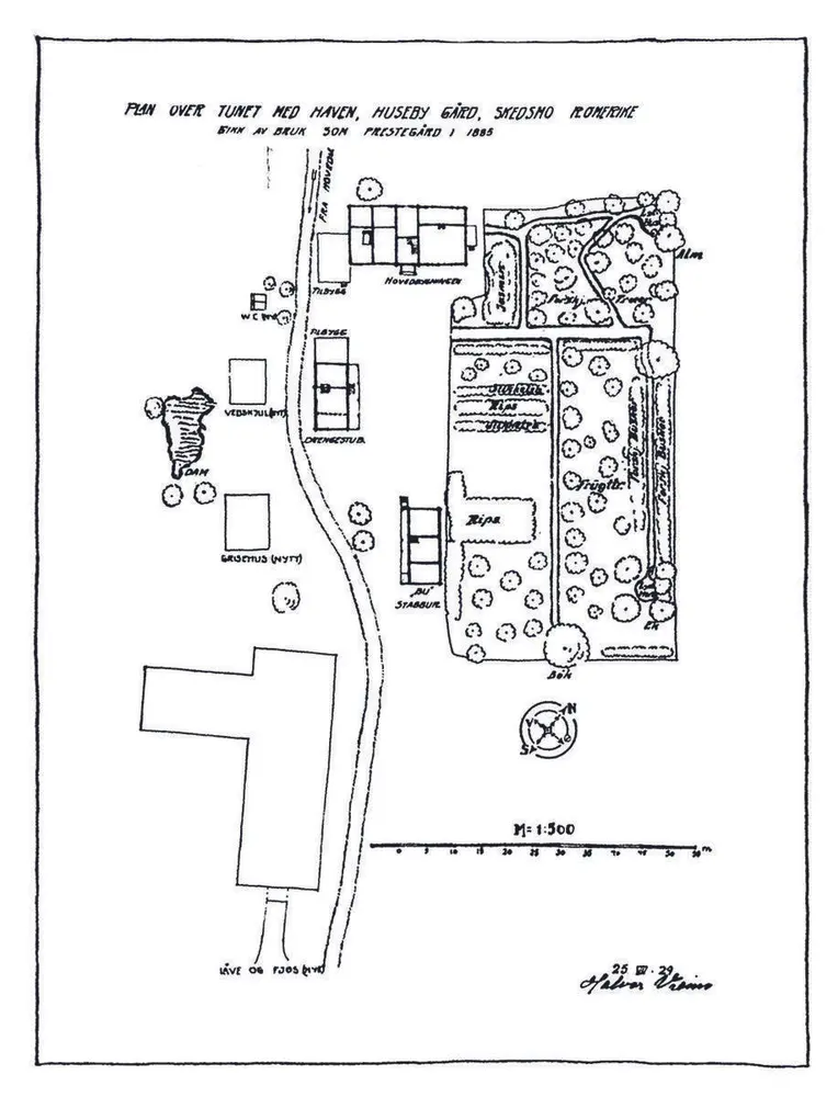 Tegning over gårds- og hageanlegget fra 1929 tegnet av arkitekt Halvor Vreim. Riksantikvaren.