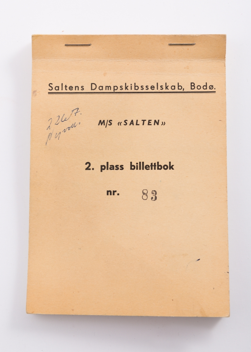 Billettbok for billetter til 2. klasse med M/S "Salten" med Saltens Dampskibsselskab, Bodø.