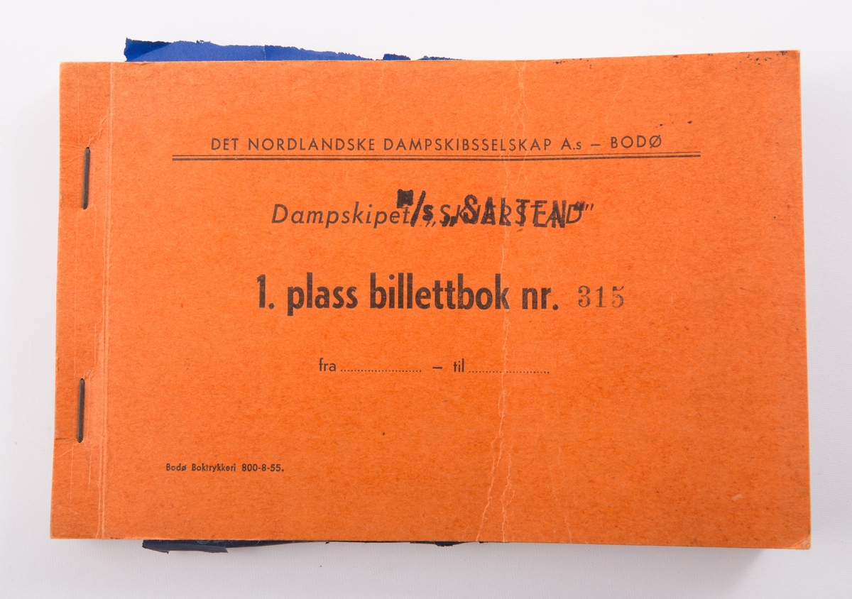 Billettbok til M/S "Salten" for tur-billetter med Det Nordlandske Dampskibsselskab