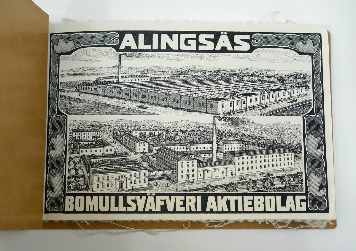 Provbok från Alingsås Bomullsväveri, innehåller prov på 11st olika kvaliteter.