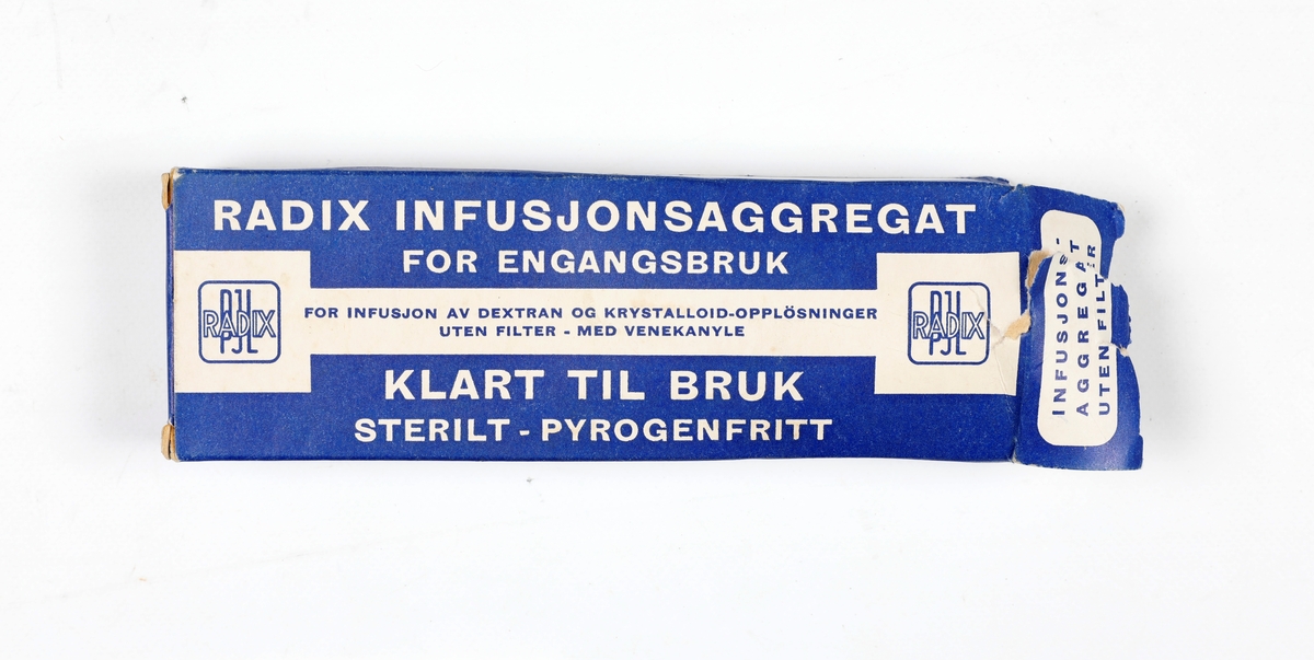 En pakke med Radix infusjonsaggregat for engangsbruk. For infusjon av Dextran og Krystalloid-oppløsninger uten filter - med venekanyle.