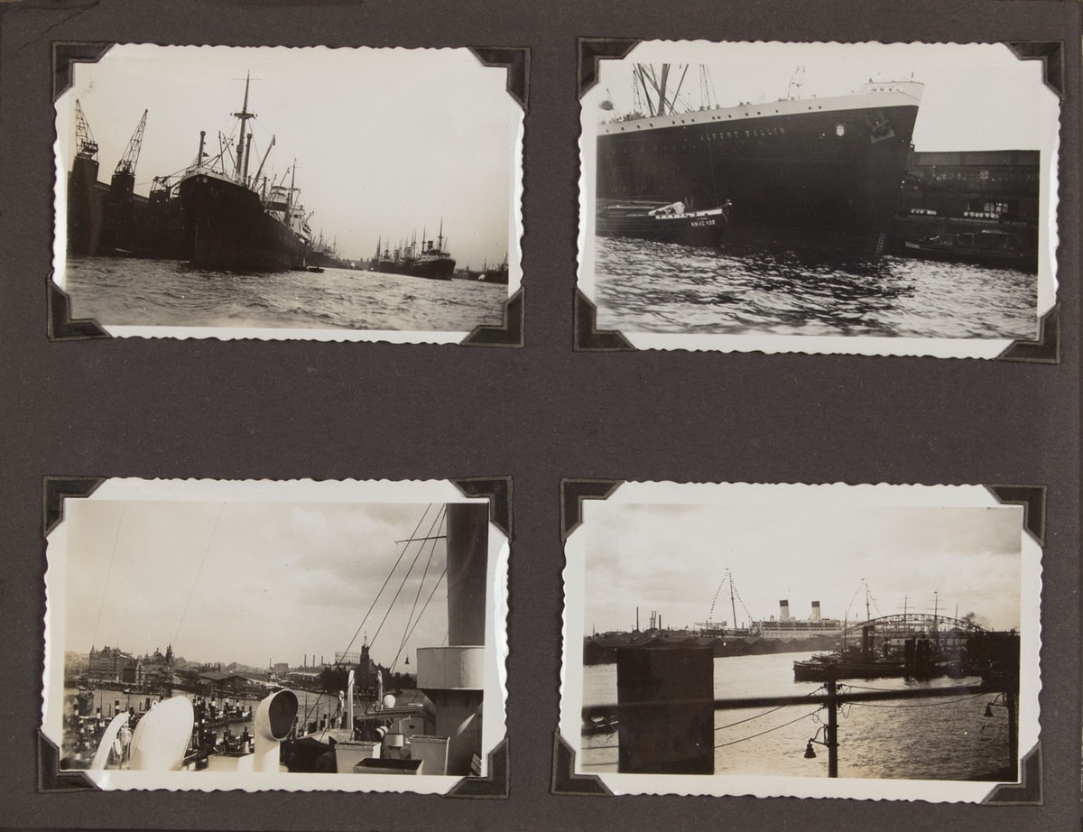 Albumside med fire foto, ant. tatt fra om bord MONTE SARMIENTO. Et foto viser passasjerskipet ALBERT BALLIN (bygget 1922 for Hamburg-Amerika Linie)