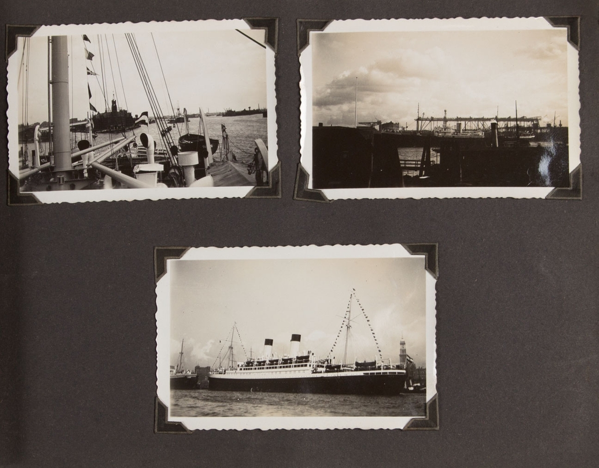 Albumside med tre foto, ant. tatt fra om bord MONTE SARMIENTO, sannsynligvis i Hamburg havn.