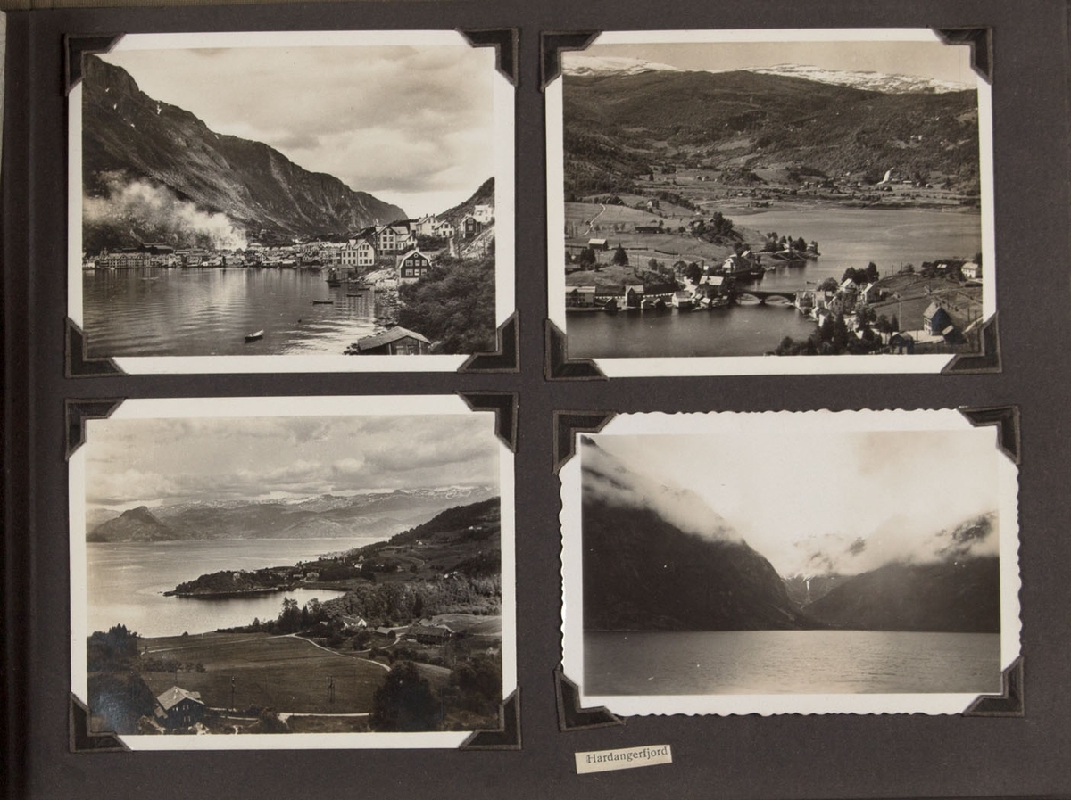 Albumside med fire foto, tatt fra MONTE SARMIENTO. Motivet er Hardangerfjorden.