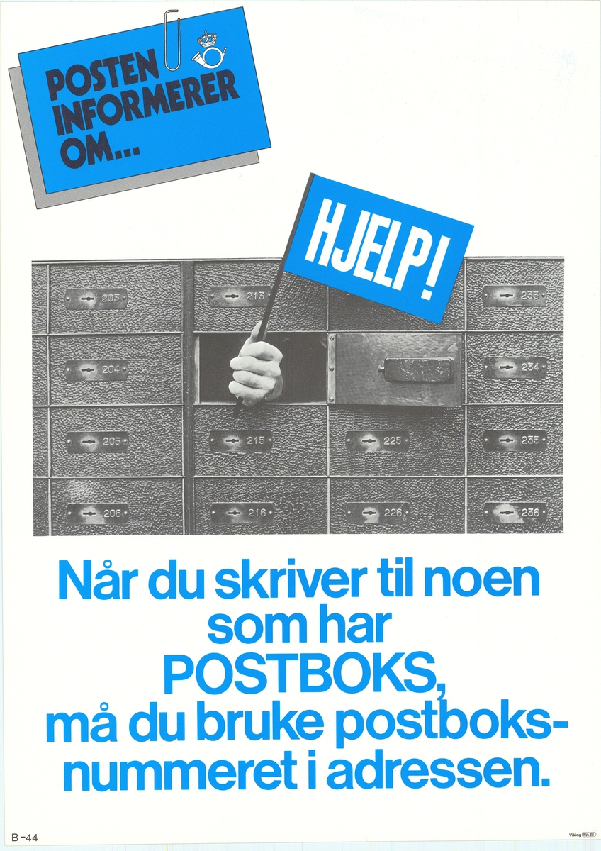 Tosidig plakt med likt motiv av postboksanlegg på begge sider. Tekst på bokmål og nynorsk på hver sin side.
