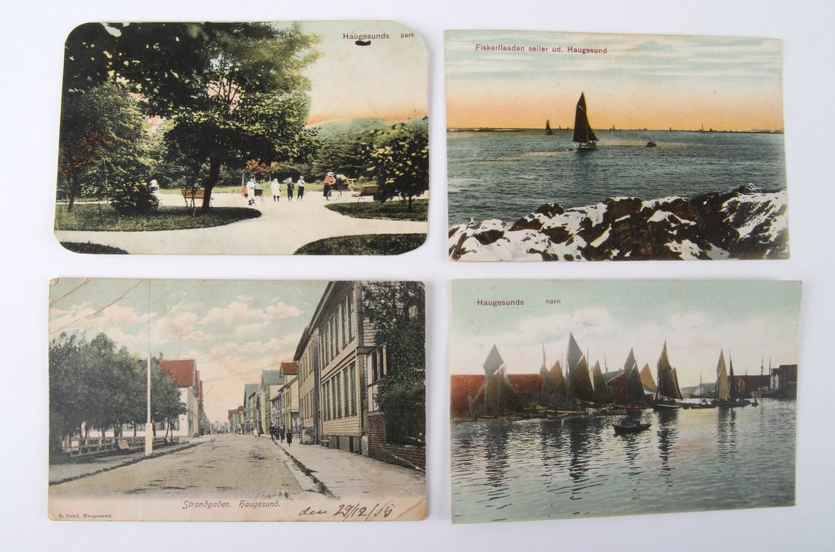 En samling postkort med motiver fra Haugesund, samt et kart over byen