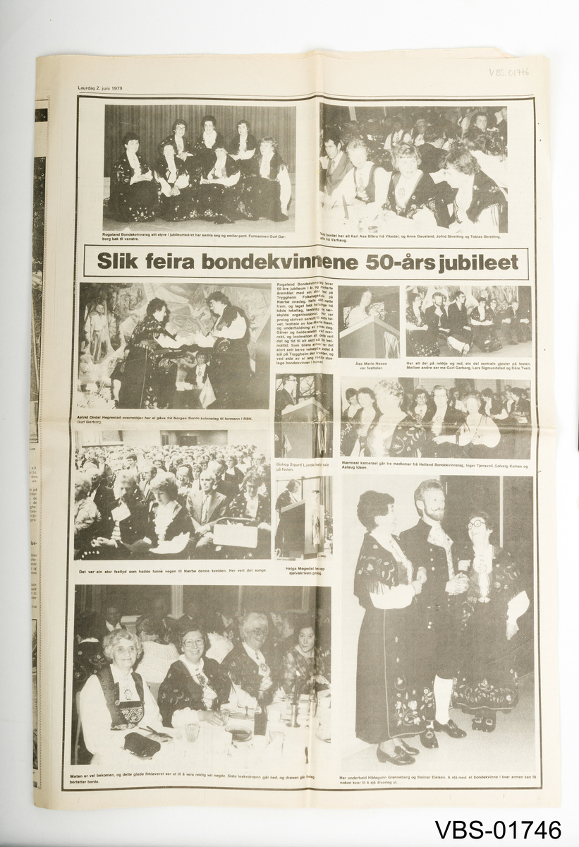 Avis med 6 sider. Dagbladet, Rogaland. Stavanger, laurdag, 2. juni 1979.
Avisen er åpen og brettet av siden (siden nr. 4) som henviser til jubileumsnyhetene i Norges Bondekvinnelag. 
Overskriften på nyheten er: "Slik feira bondekvinnene 50 års jubileet"