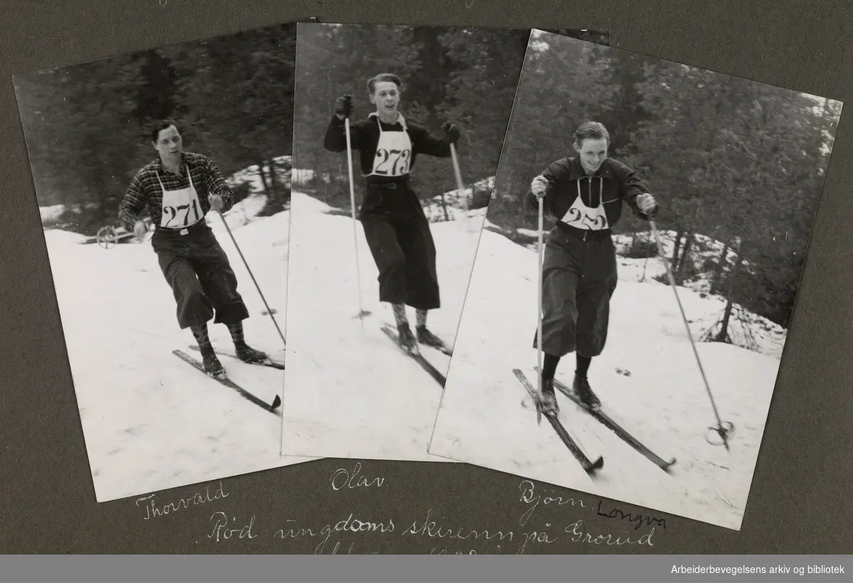 Medlemmer av Majorstua AUL "Frihet" deltar i Rød Ungdoms skirenn på Grorud. Fra venstre: Thorvald Andersen, Olav Solberg og Bjørn Longva. Februar 1938
