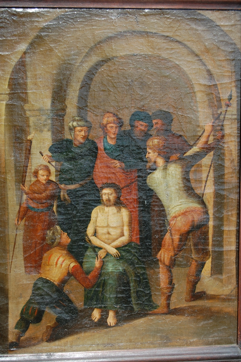 Stående rektangulært oljemaleri med motiv av sittende Jesus i fangenskap.