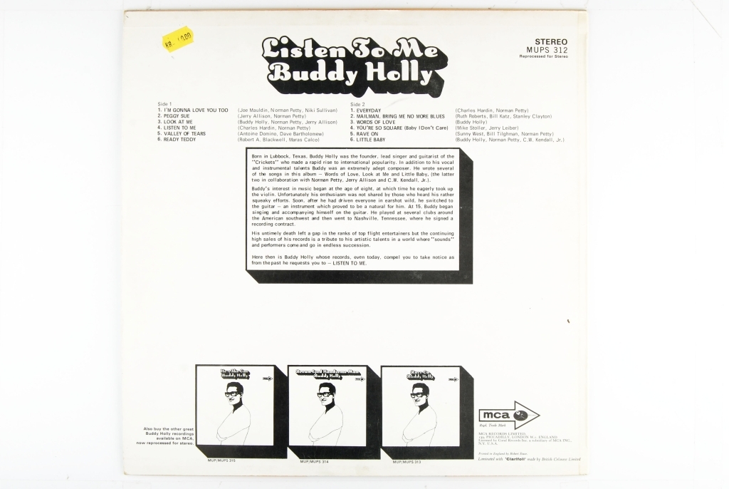 Bilde av artisten, Buddy Holly, på forsiden av coveret.