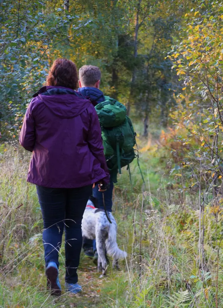 Foto av et ektepar med hund som går tur i skogen