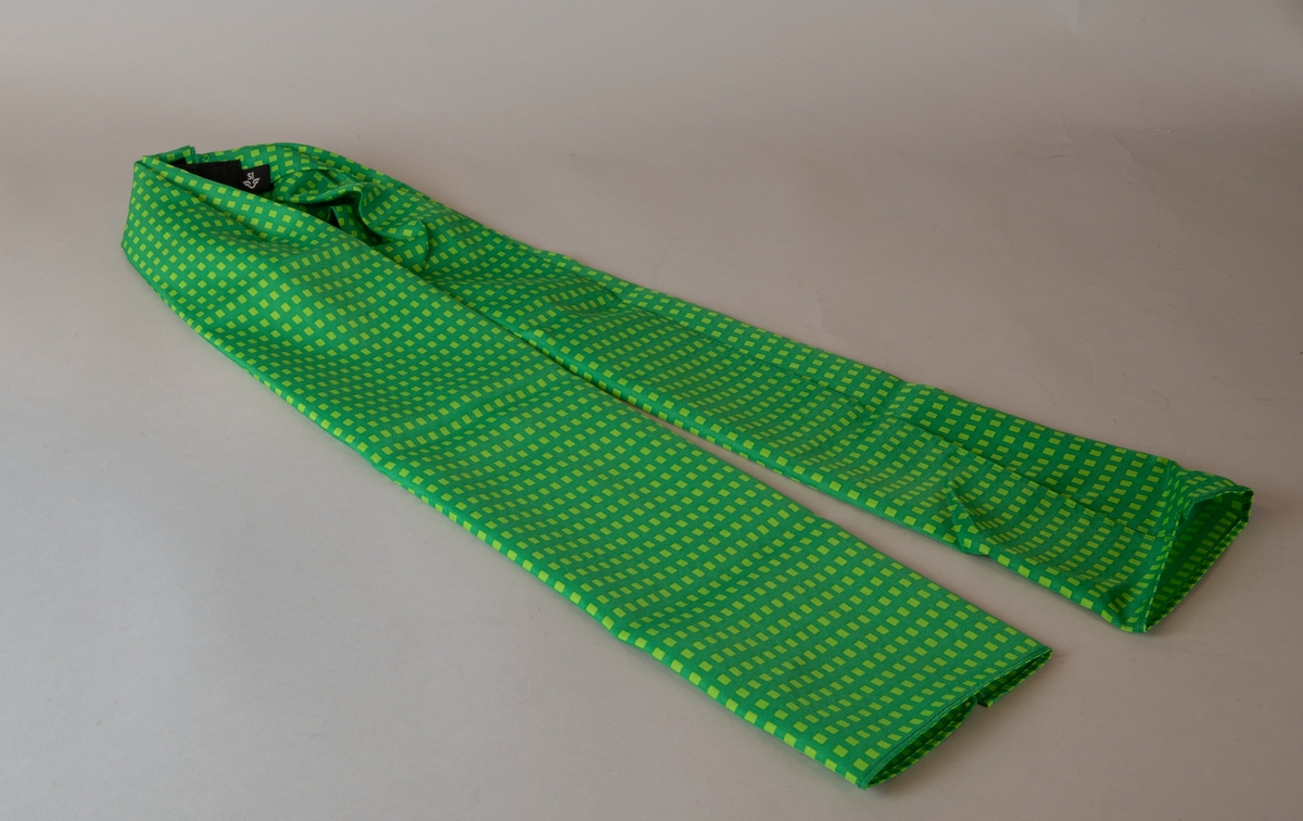Rektangulär långsmal scarf av grönt tyg, mönstrat med rektangulära små rutor i en ljusare nyans av samma färg. Scarfen är delat i två i nacken, med påsydda kardborrband i ändarna för att sättas ihop. På baksidan fastsytt under ett av kardborrbanden sitter en svart etikett med SJ:s logotyp i vitt, samt tvättråd.
Scarfen är helt oanvänd.