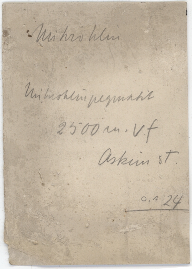 Etikett i eske, to stykker med likelydende tekst:
Mikroklin
Mikroklinpegmatitt
2500 m. v. f.
Askim st.
1924 O.A.