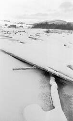 Borregaards tømmervelte på Glomma-isen ved Tynset bru vinter