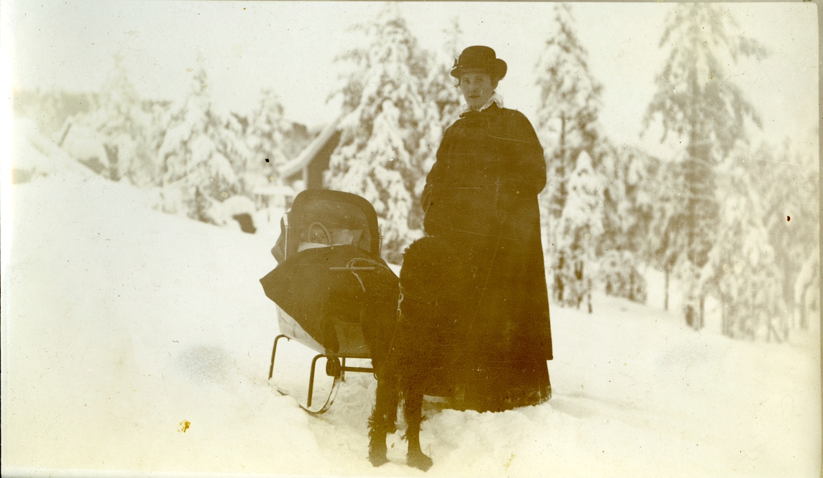Kvinne med hund og unge i "barneslede", fotografert i et vinterlandskap.