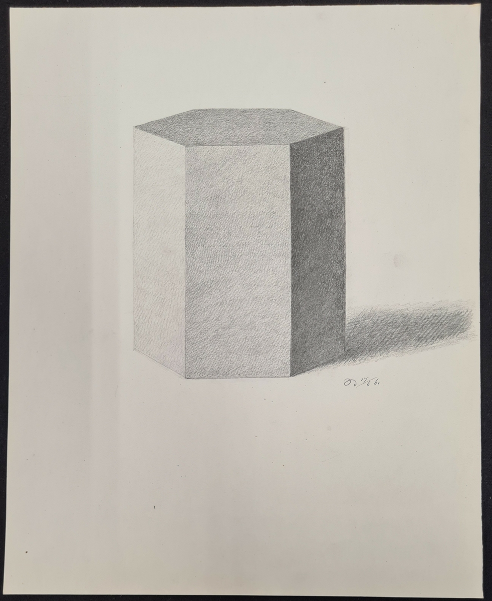 Teckning av F. A. Zettergren. En teckningsstudie av en sexkantig cylinder. Daterad 17/6 1861.