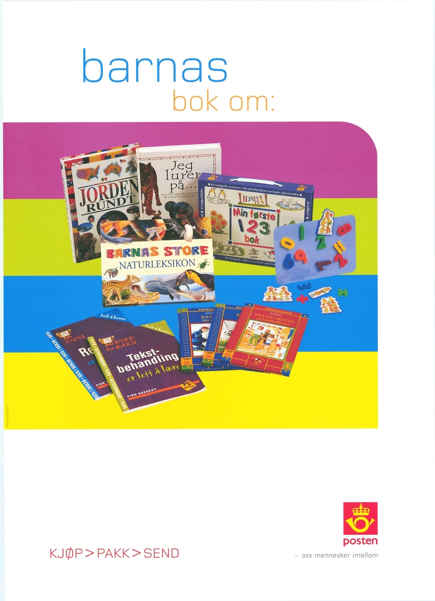 Plakat med motiv av barnebøker på fargerik bakgrunn. Tekst og Postens logomerke.