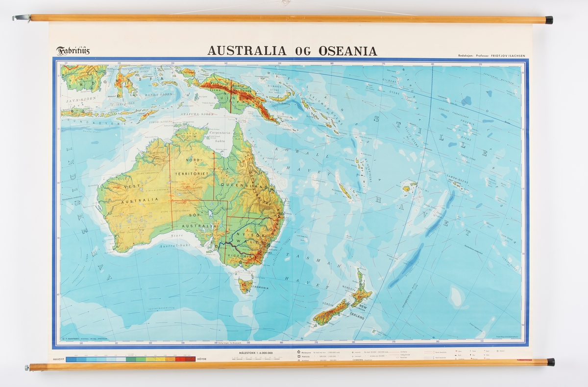 Skolekart, viser Australia og Oceania. Montert på to rundstokker.