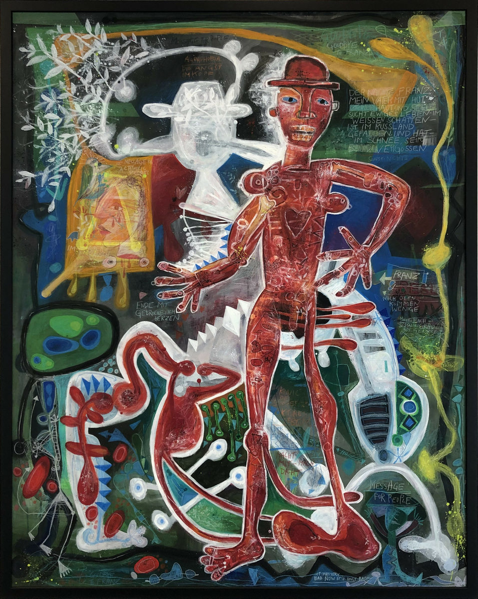 Naken mannsperson avbildet i rødt står sentralt i motivet omkranset av en rekke symboler og tekster. En hvit avskygning av mannen ser ut til å forlate kroppen.   