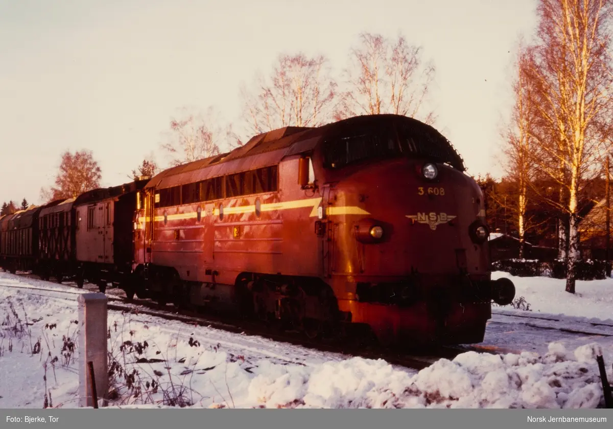 Diesellokomotiv Di 3 608 med godstog på Solørbanen