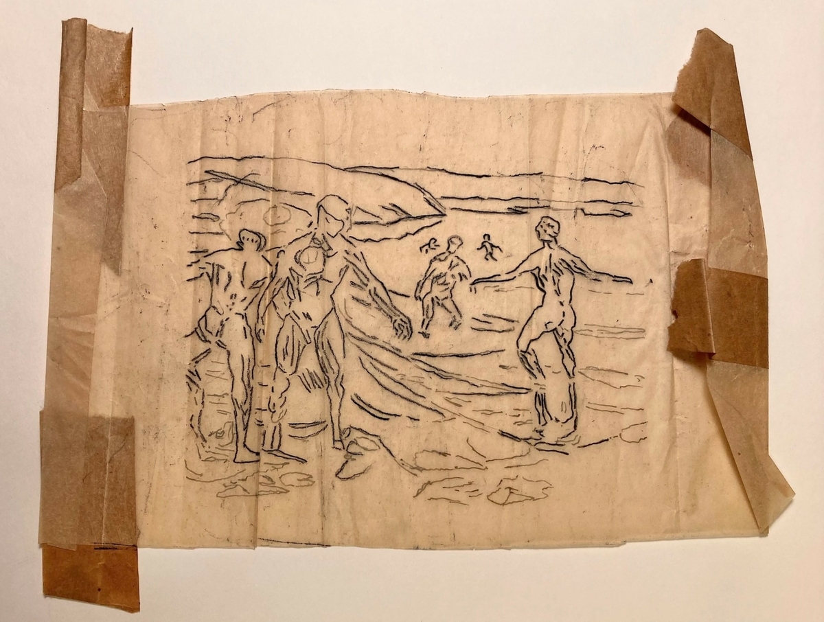 Tegning, blyant og penn på transparent papir. Motivet tilsvarer Munchs "Badende menn" (Catalogue raisonné: Woll M 1578), Munchmuseet, Oslo.