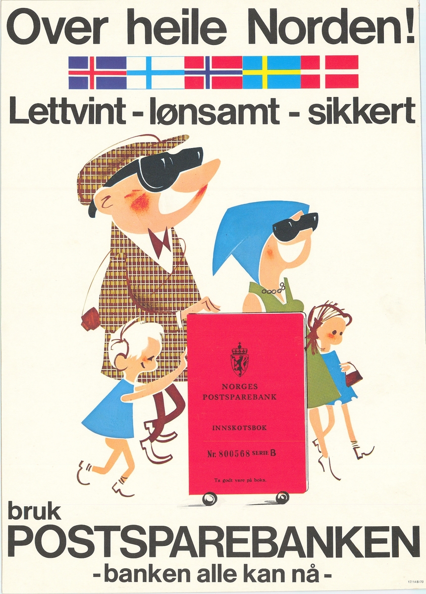 Reklameplakat for Postsparebanken med de nordiske flaggene og en rød Postsparebankbok.
